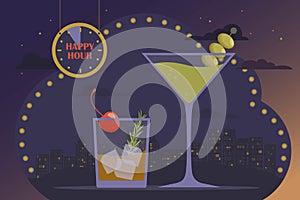 Friday night, cocktail party, happy hour concept. Alcoholic cocktails old fashioned and martini, backdrop of night big city,