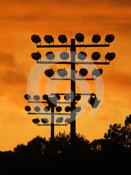 Friday night lights during the time of COVID: Playing field floodlights against clouds and trees at sunset #5