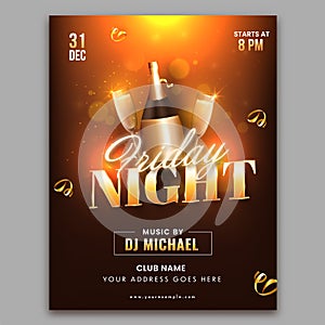 Friday Night Party Flyer Design With Champagne Bottle, Flute Glass On Brown Bokeh Light Effect