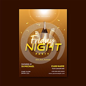 Friday Night Party Flyer Design With Champagne Bottle, Flute Glass And Light