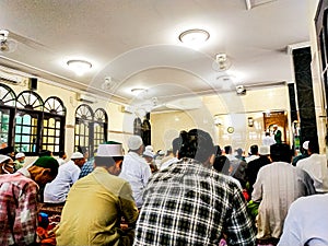 Friday prayer congregation At Thohariyah Mosque, Pisangan Lama, East Jakarta, Indonesia.