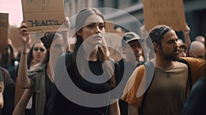 Fridays for future protest on city street. Young activists movement against global warming. photo