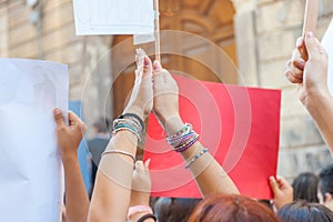 Fridays for future: students hands showing  banners and boards