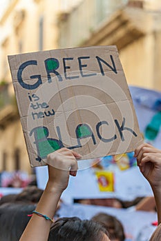 Fridays for future: students hands showing  banners and boards: green is the new black