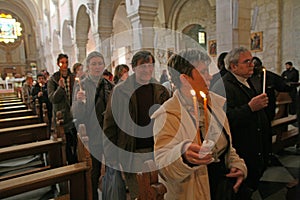 Procession from the church of St. Catherine to the cave in the Basilica of the Birth of Jesus, Bethlehem