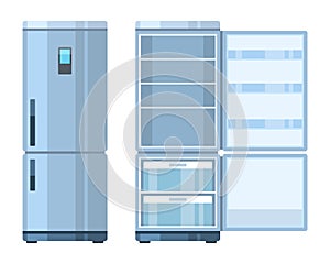 Fridge. Closed and open empty refrigerator, kitchen household appliances, home preserve food, electronic modern