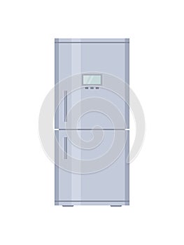 Fridge. Closed refrigerator with freezer. Empty fridge with door and shelf for kitchen. Inside modern machine for storage, cold of