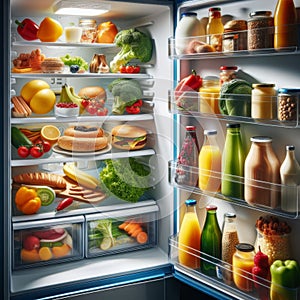 Fridge door open to show packed fridge with food products