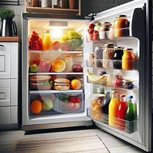 Fridge door open to show packed fridge with food products