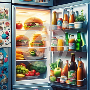 Fridge door open to show packed fridge with food products