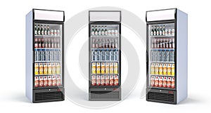 Fridge with drinks isolated on white. Set of showcase refrigerators with water, beer nad soda in the grocery shop