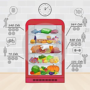 Fridge with food. The set of products, vitamins, calories.