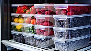 Fridge full of fruit in plastic containers