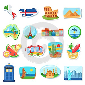 Fridge magnets flat vector illustration. Abroad, foreign countries traveling souvenirs. Famous European landmarks and