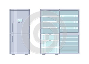 Fridge. Open and closed refrigerator with freezer. Empty fridge with door and shelf for kitchen. Inside modern machine for storage