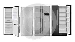 Fridge realistic. Open and closed home refrigerator empty freezer for healthy food vector set