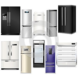 Fridge vector refrigerator or freezer and refrigeratory equipment in kitchen illustration set of refrigerant household