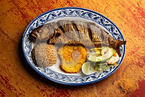 Fried anchovy served with patacon, coconut rice and vegetable salad