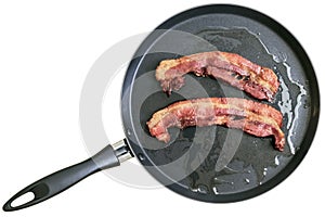 Fried Bacon Rashers In Teflon Frying Pan Isolated On White Background