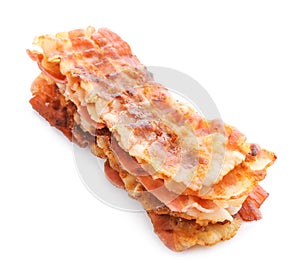 Fried bacon rashers on white background