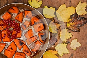 Fried baked on grill pumpkin, a traditional autumn snack.Warm dish as a dessert.