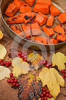 Fried baked on grill pumpkin, a traditional autumn snack.Warm dish as a dessert.