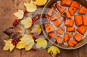 Fried baked on grill pumpkin, a traditional autumn snack.Warm dish as a dessert.