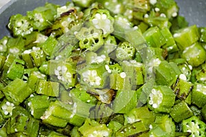 Fried bamia, okra, lady fingers or bhindi masala