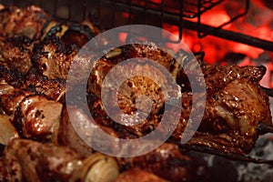 Fried juicy bbq meat in a grill on a fire cooking food on a bonfire