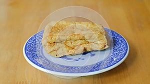 Fried bean curd in blue chinese dish