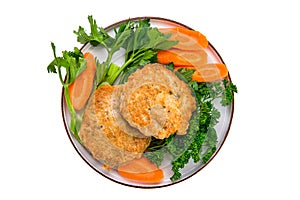 Fried beef cutlet in breading with carrot isolated on white