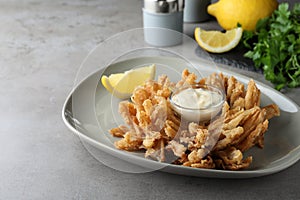 Fried blooming onion with dipping sauce served on grey table