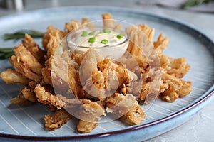 Fried blooming onion with dipping sauce served on  table, closeup
