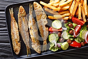 Fried boops boops fish with fresh vegetable salad and french fries close-up on a plate. horizontal top view photo