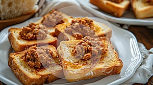 Fried Bread with Minced Pork Spread in a white plate placed on the table