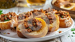 Fried Bread with Minced Pork Spread in a white plate placed on the table