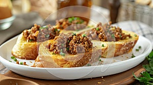 Fried Bread with Minced Pork Spread in a white plate placed on the table. Generative Ai