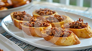 Fried Bread with Minced Pork Spread in a white plate placed on the table. Generative Ai