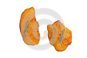 Fried Breaded weiner schnitzel, cooked meat steak. Isolated on white background.