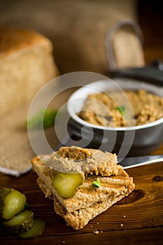 Fried buckwheat croutons with cooked homemade pate
