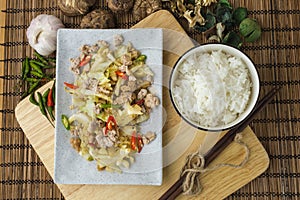 Fried Cabbage with chicken and rice