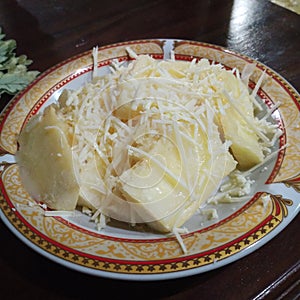 Fried cassava,cheese and milk creamer,