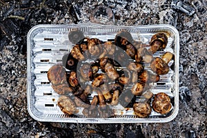 Fried champignon mushrooms on a disposable charcoal grill