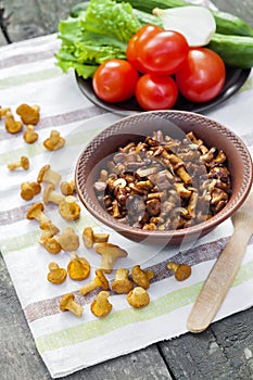 Fried chanterelles with onion in rustic bowl and plate with fresh vegetables for salad on background