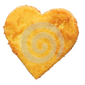 Fried cheese, fish or chicken meat in heart shape