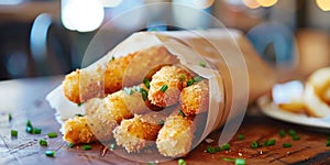 Fried cheese sticks with chives on wooden board