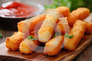 Fried cheese sticks with seasoning on dark wooden board