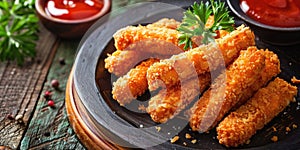 Fried cheese sticks with seasoning on dark wooden board