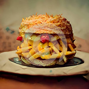 Fried chicken burger with pineapple and cheese on a plate in a restaurant