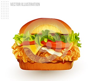 Fried chicken burger vector in 3d illustration